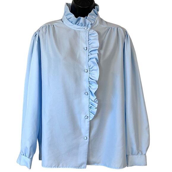 Vintage 70s Clovis Ruffin Baby Blue Ruffle Trim Blouse - Picture 1 of 9